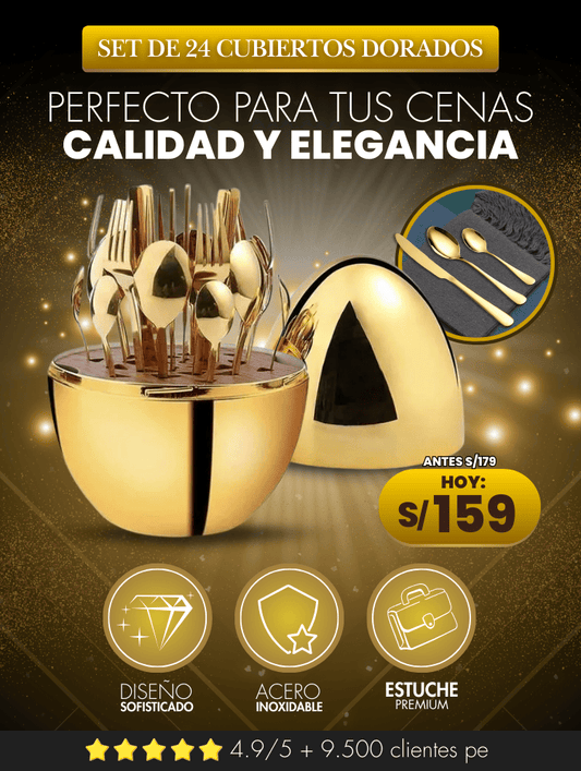 Set de cubiertos dorados en forma de huevo.
